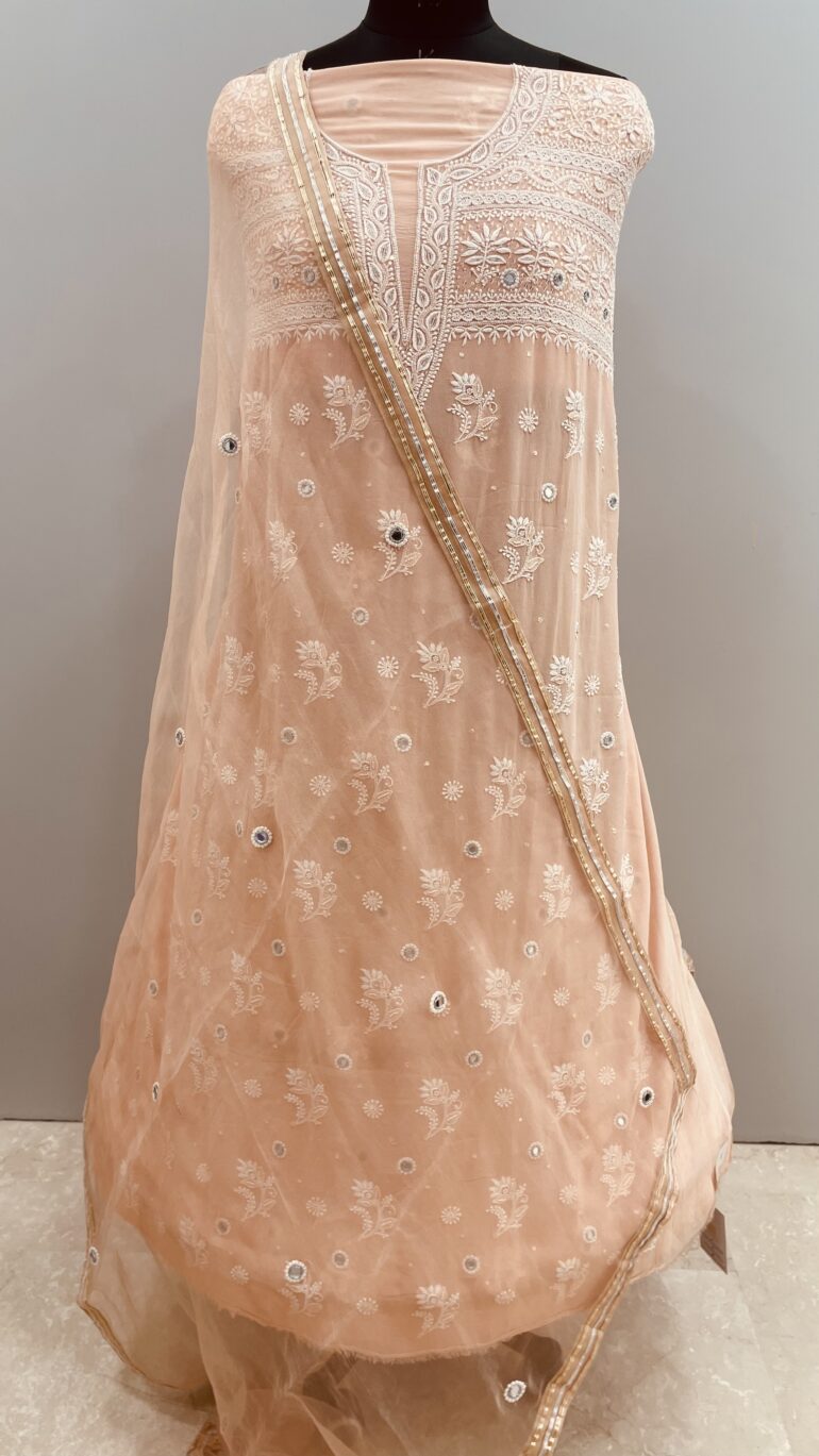 Pure Georgette Heavy Shirt With Organza Dupatta Peach (G.K)