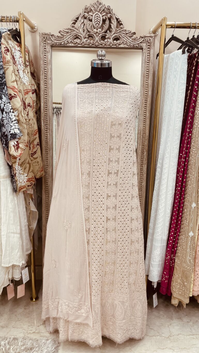 Chikan Mukaish Georgette Straight Shirt Powder Beige (G.K)