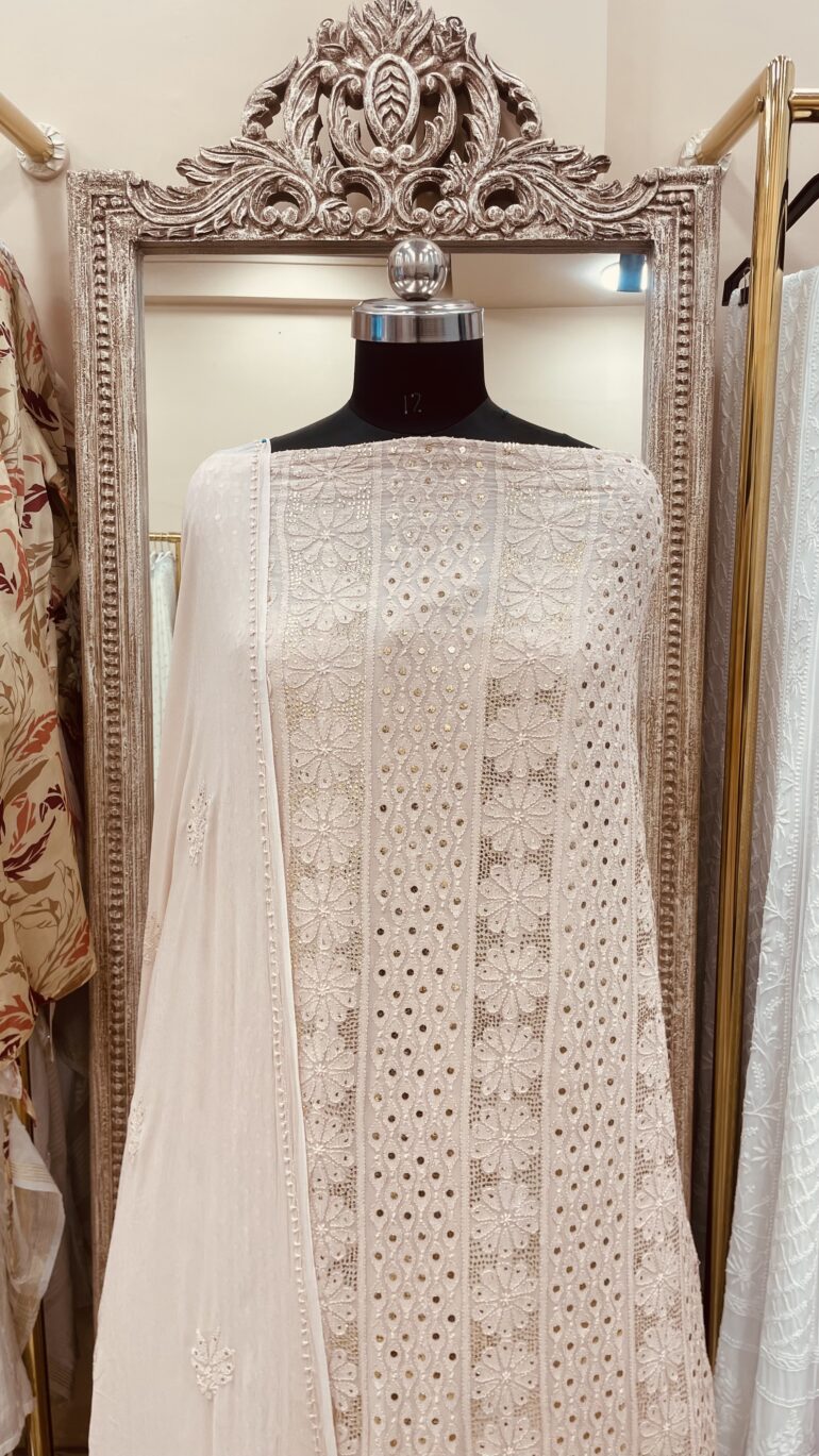 Chikan Mukaish Georgette Straight Shirt Powder Beige (G.K)