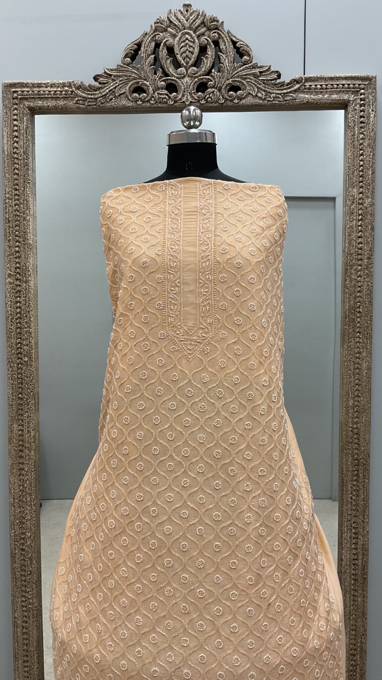 Gents Kurta Pure Chanderi Front Jaal Heavy Cutdana and Pearl Peach