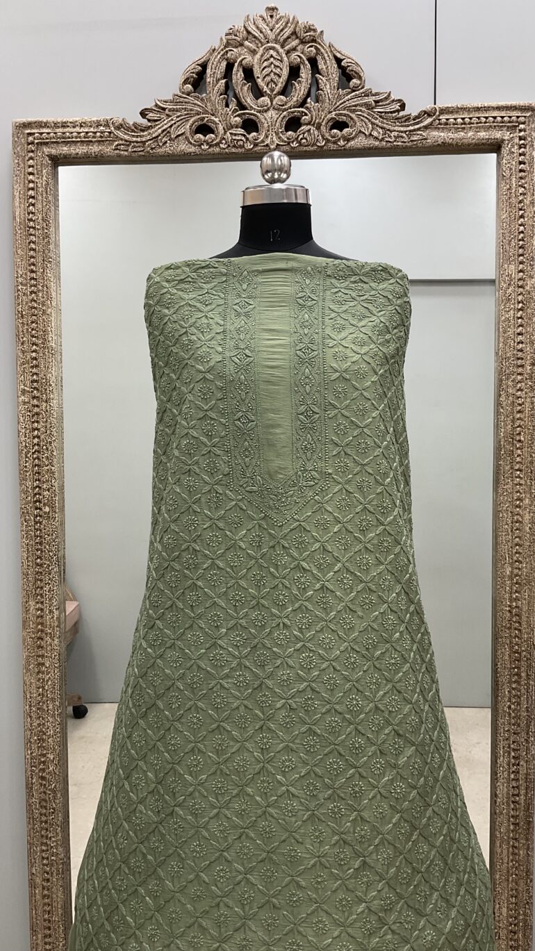 Gents Kurta Pure Chanderi Front Jaal Green