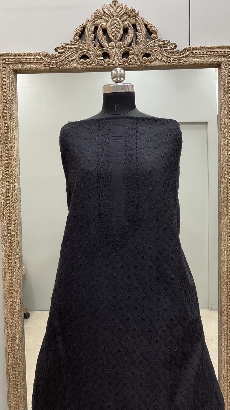 Gents Kurta Pure Chanderi Front Jaal Black