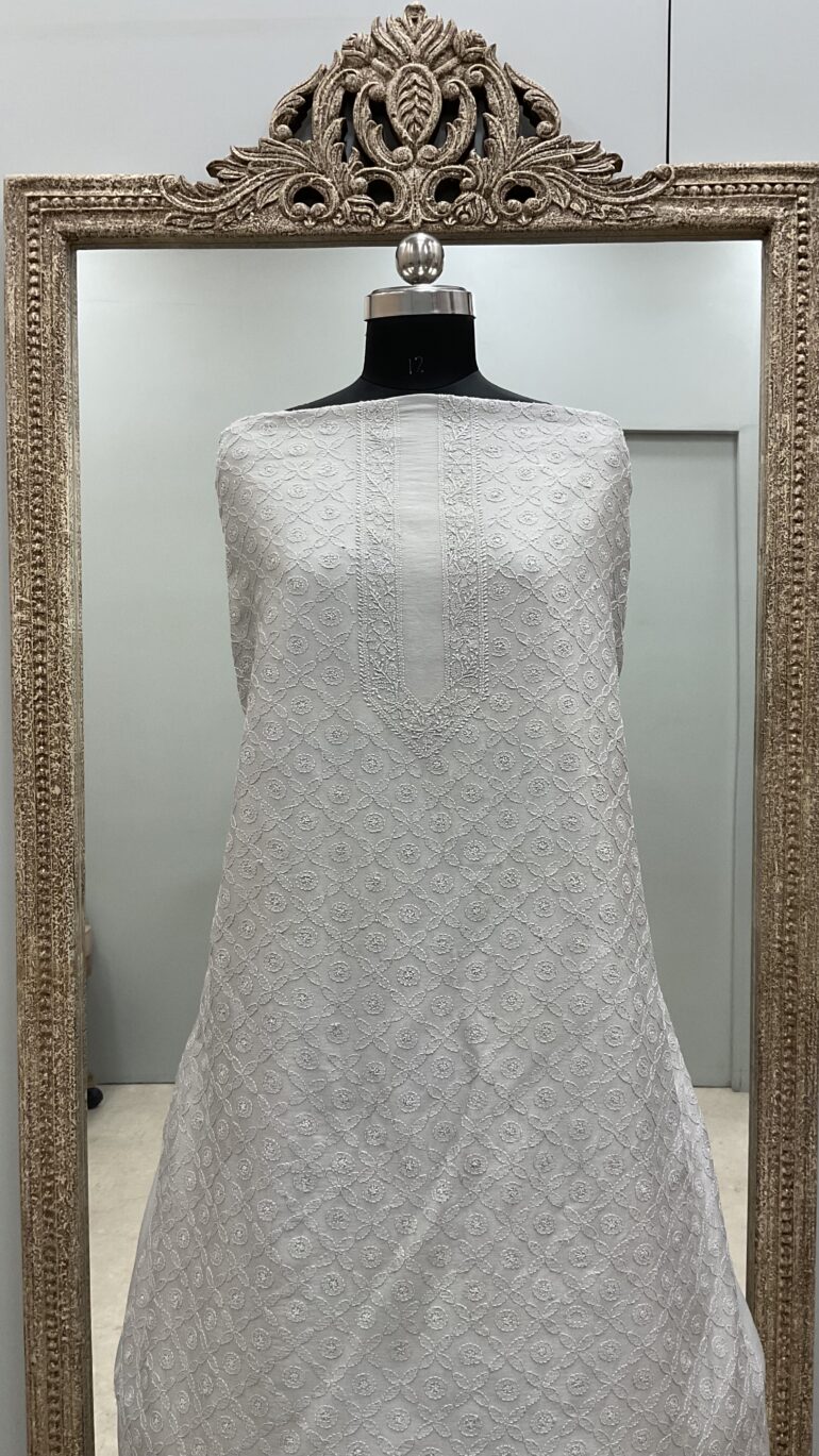 Gents Kurta Pure Chanderi Front Jaal Sage Green