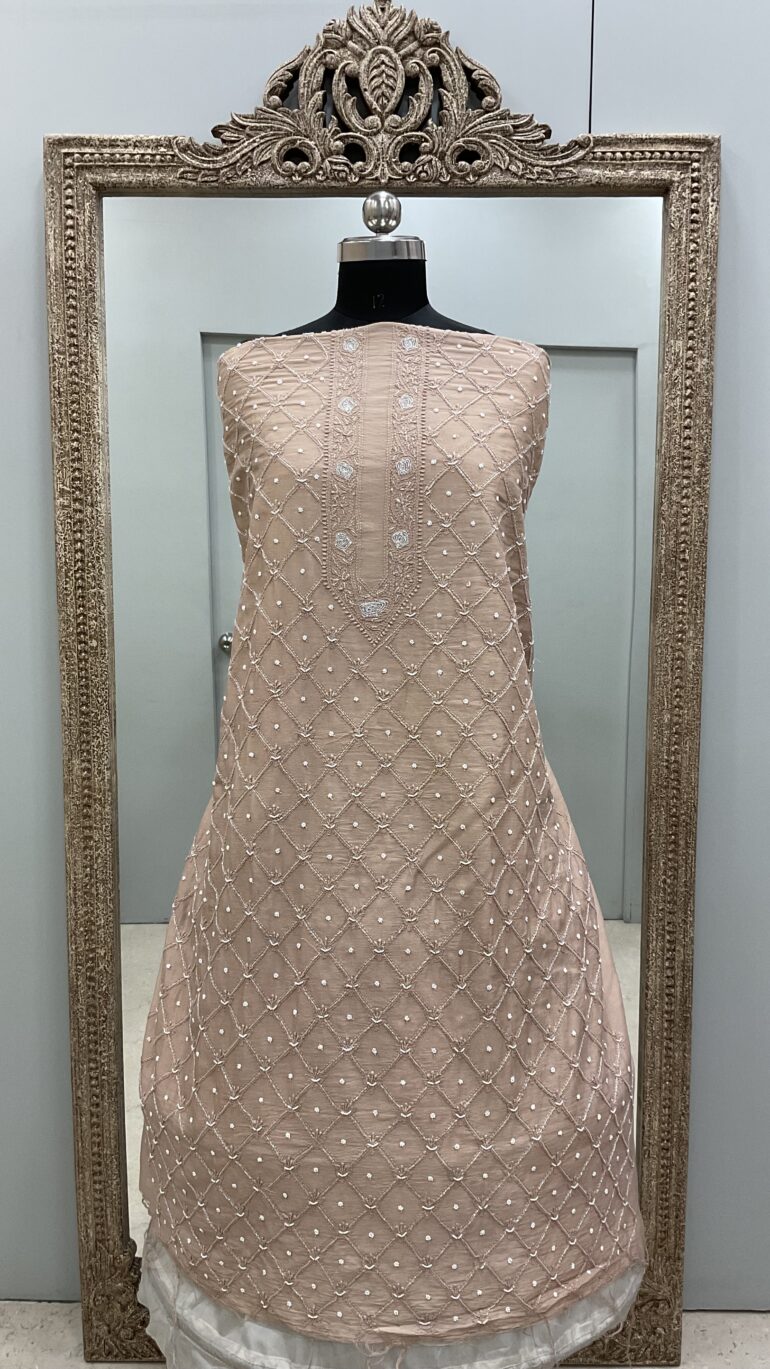 Gents Kurta Pure Chanderi Front Jaal Heavy Cutdana and Pearl Rose Gold