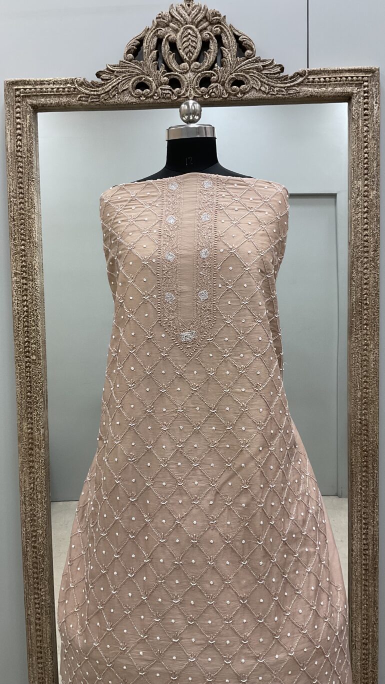 Gents Kurta Pure Chanderi Front Jaal Heavy Cutdana and Pearl Rose Gold