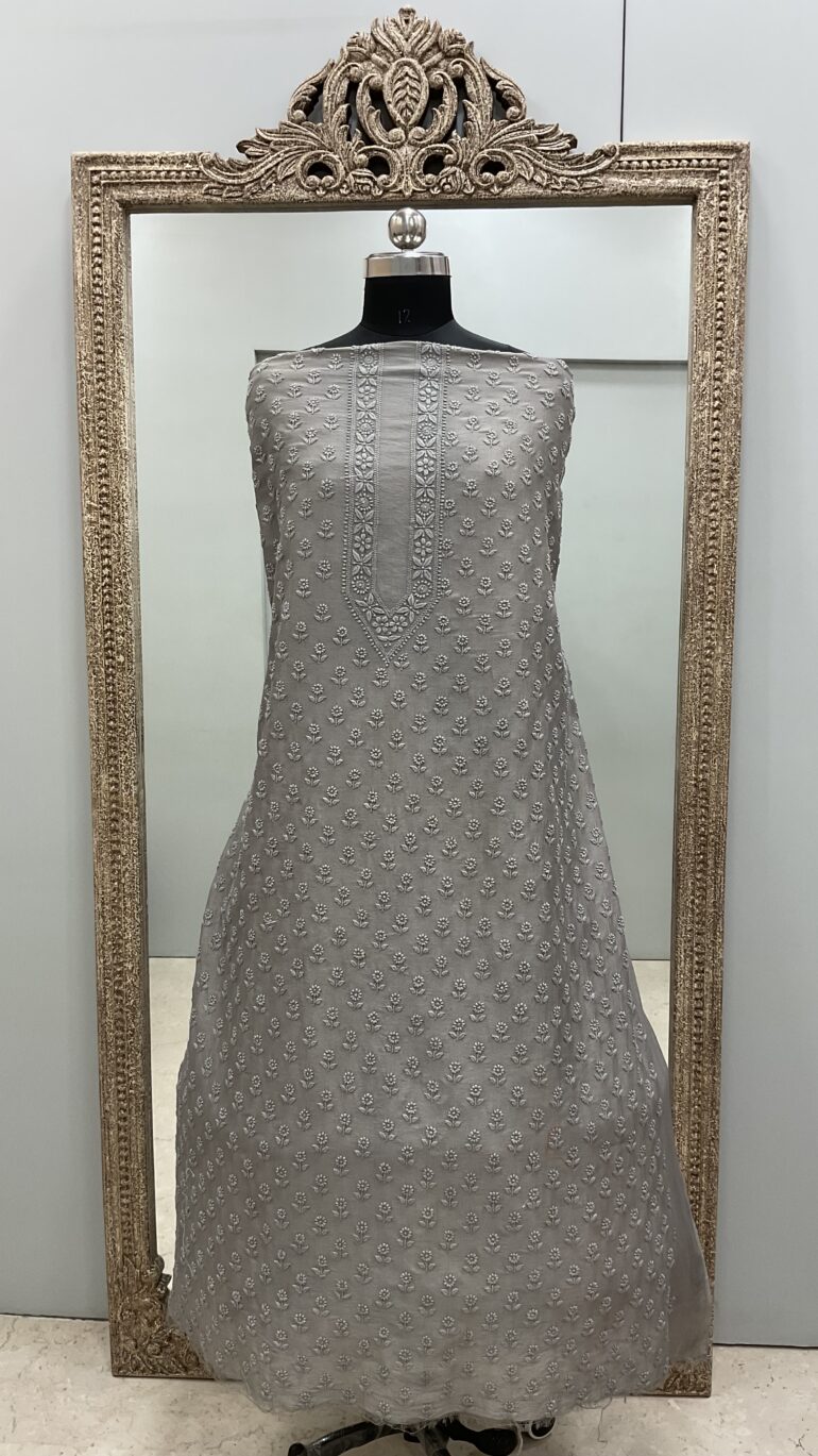 Gents Kurta Pure Chanderi Front Jaal Grey