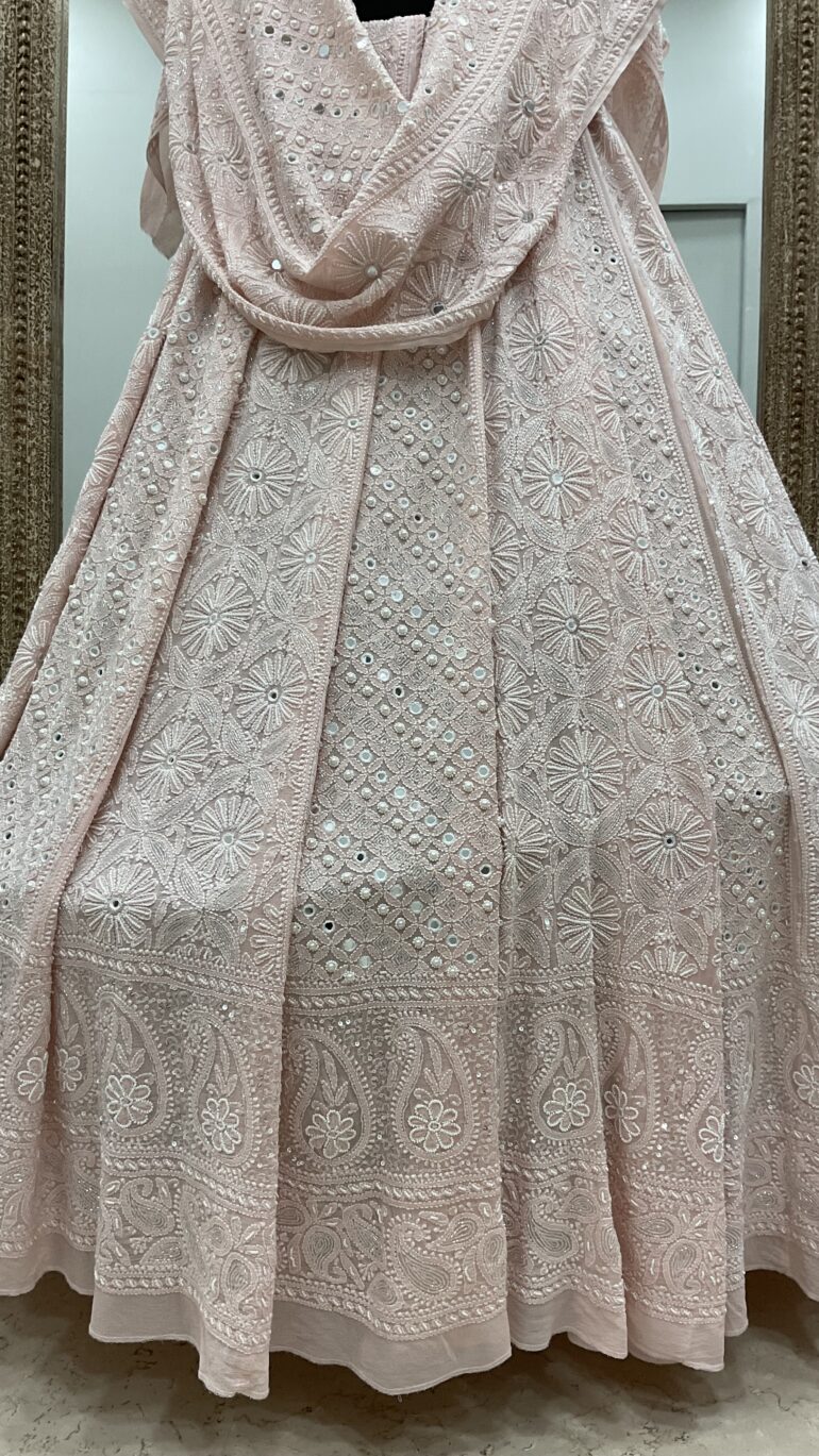 Pure Georgette Heavy Multicolored Cutdana Pearl and Sequence Pink