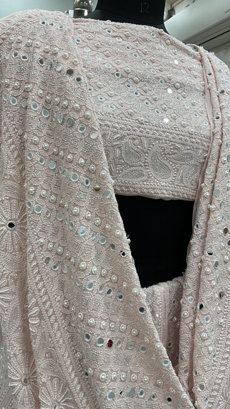 Pure Georgette Heavy Multicolored Cutdana Pearl and Sequence Pink