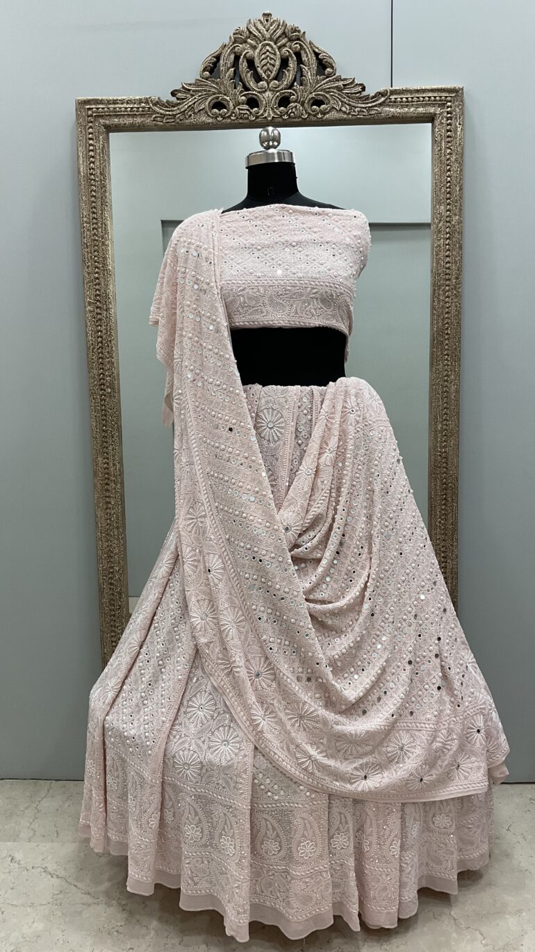 Pure Georgette Heavy Multicolored Cutdana Pearl and Sequence Pink