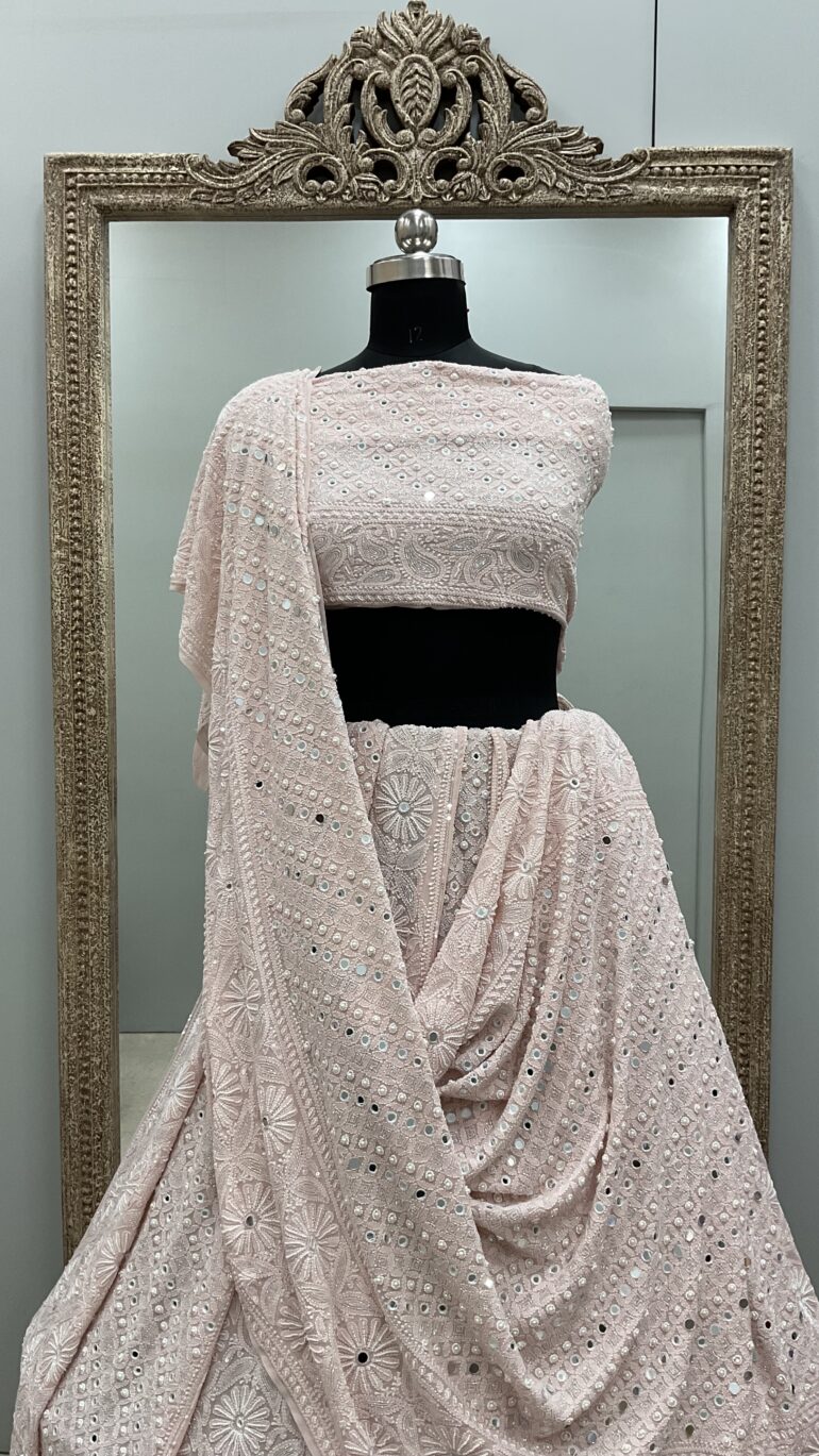 Pure Georgette Heavy Multicolored Cutdana Pearl and Sequence Pink