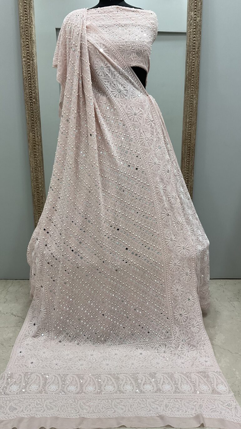 Pure Georgette Heavy Multicolored Cutdana Pearl and Sequence Pink