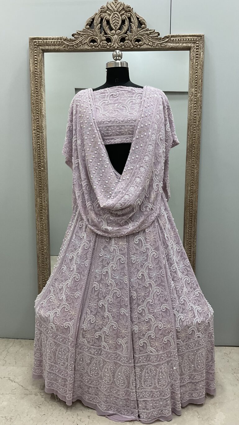 Pure Georgette Heavy Multicolored Cutdana Pearl and Sequence Lilac