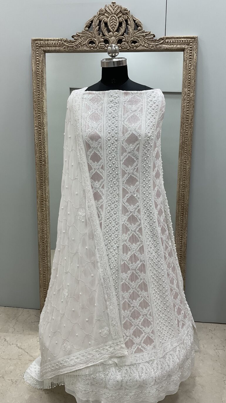 Pure Georgette Anarkali Heavy White Pearl, Multiolored Cutdana and Sequence White