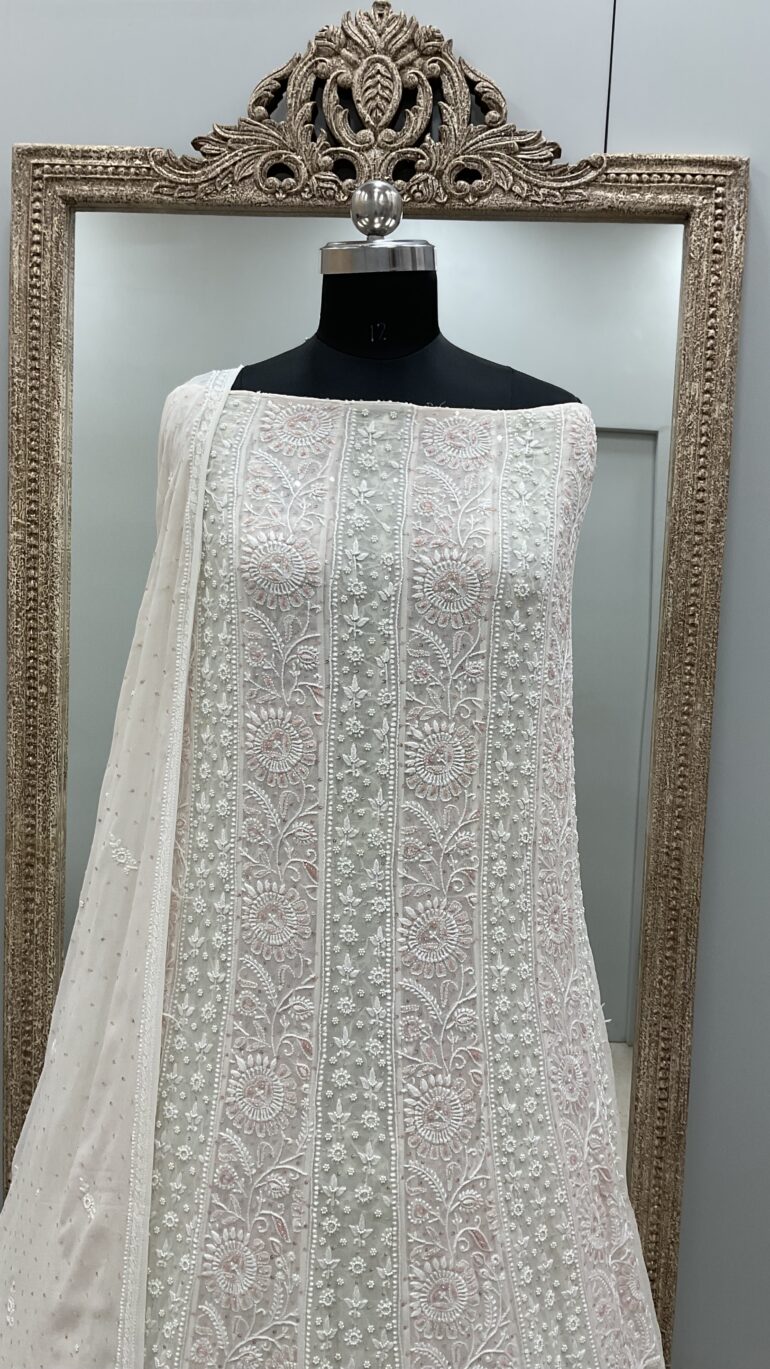 Pure Georgette Anarkali Heavy White Pearl, Multiolored Cutdana and Sequence Off-White 02 (G.K)