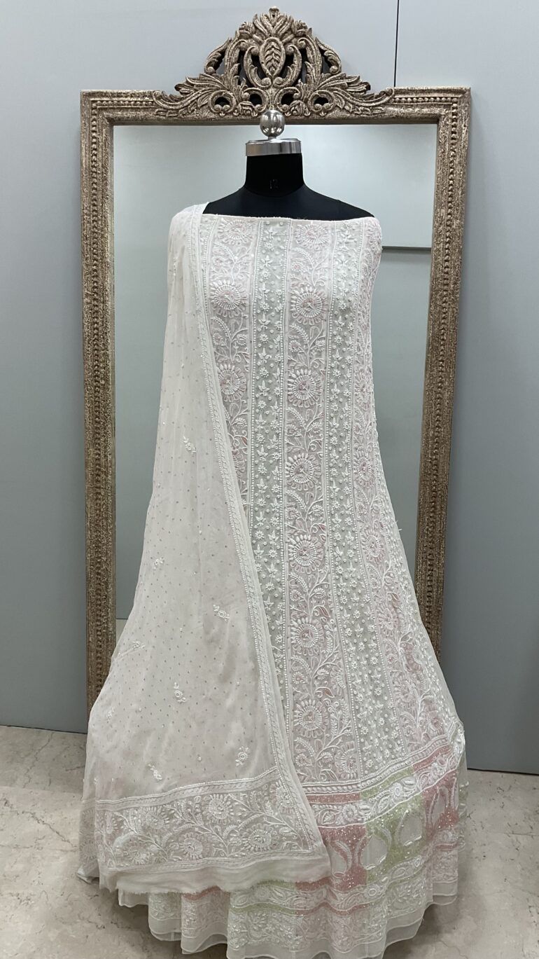 Pure Georgette Anarkali Heavy White Pearl, Multiolored Cutdana and Sequence Off-White 02 (G.K)