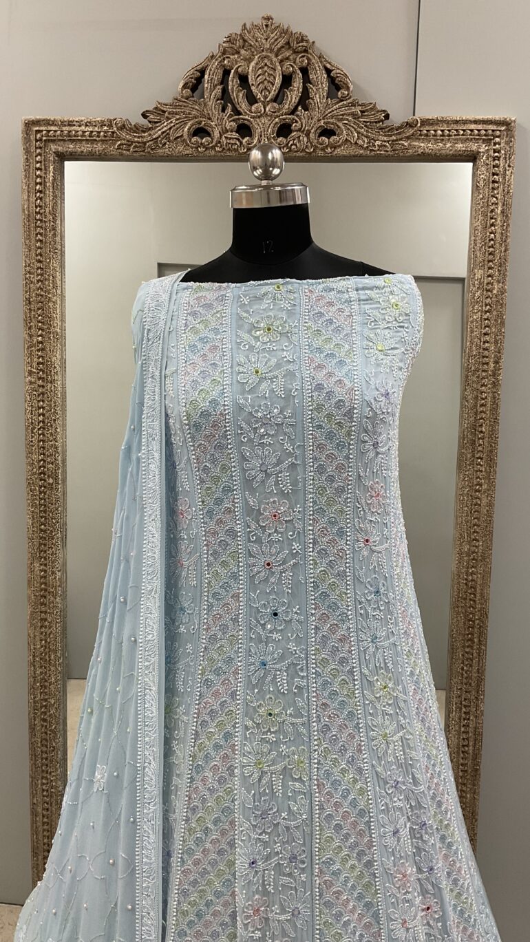 Pure Georgette Anarkali Heavy White Pearl, Multiolored Cutdana and Sequence Blue (G.K)