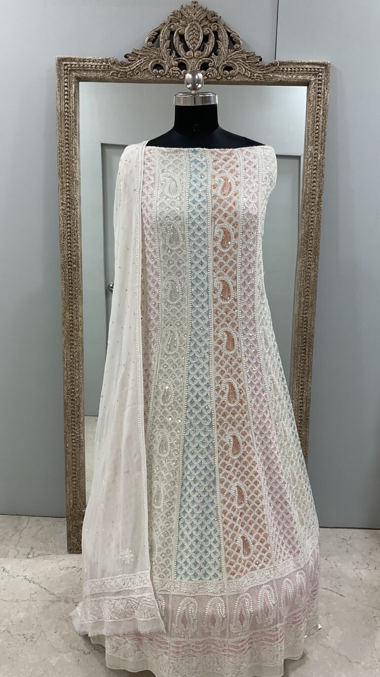 Pure Georgette Anarkali Heavy Pearl, Multi Coloured Cutdana and Sequence Off-White 12 (G.K)