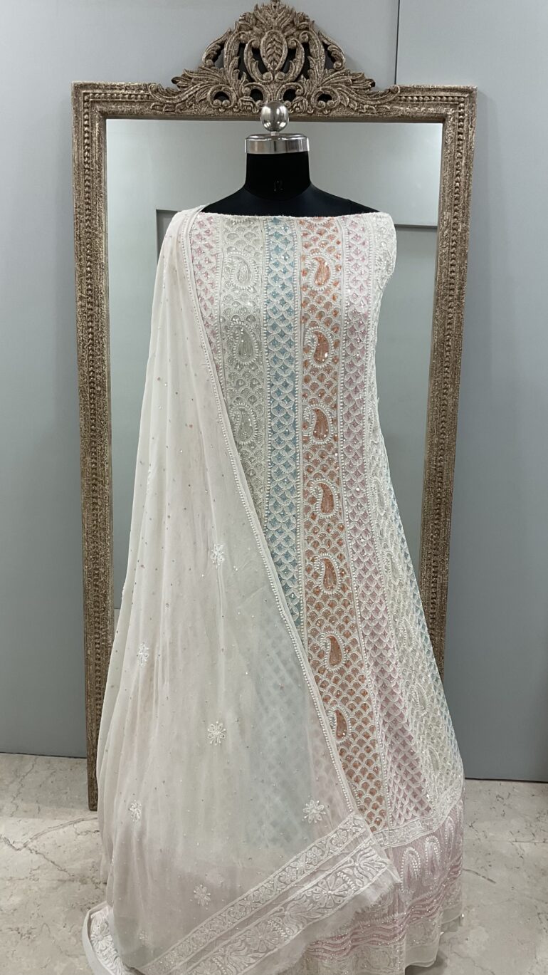 Pure Georgette Anarkali Heavy Pearl, Multi Coloured Cutdana and Sequence Off-White 12 (G.K)