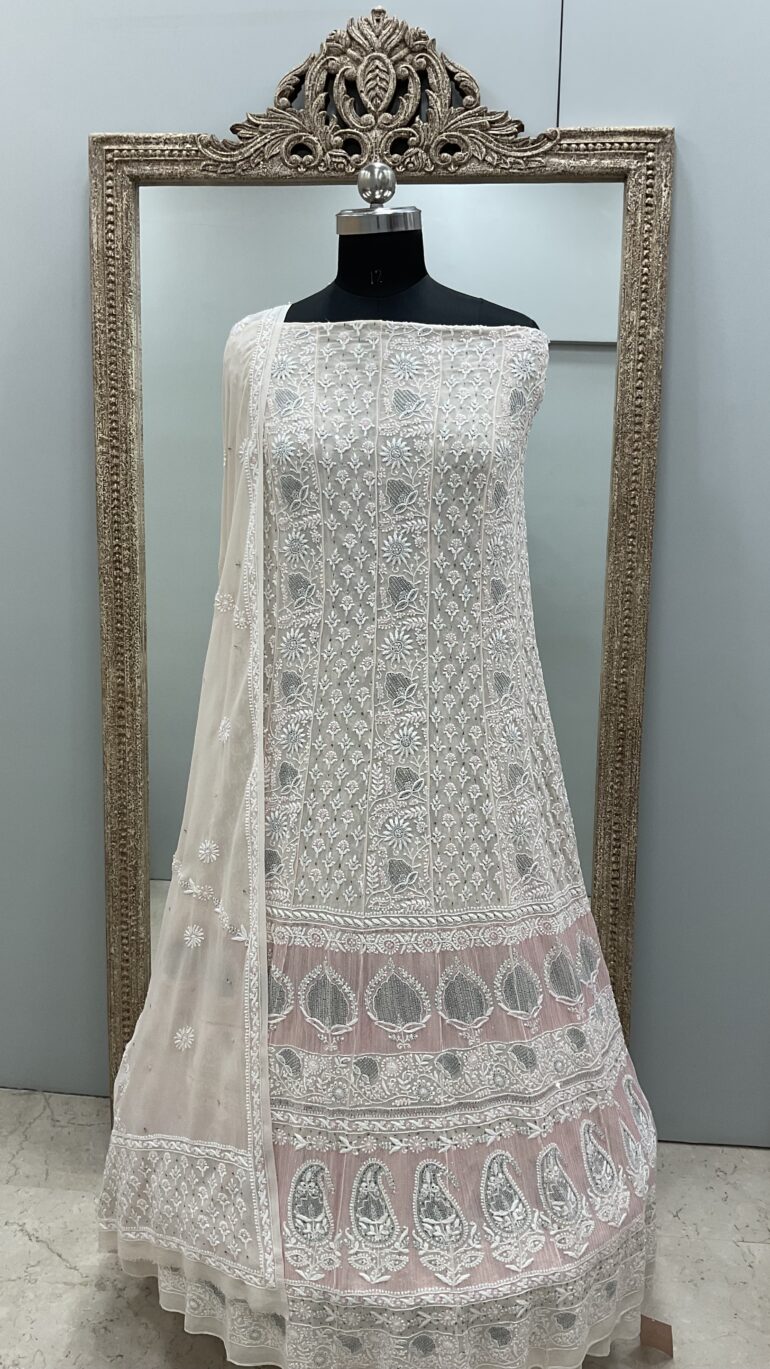 Do and Teen Taar Pure Georgette Anarkali Heavy Pearl, Pink Cutdana and Sequence Beige (G.K)