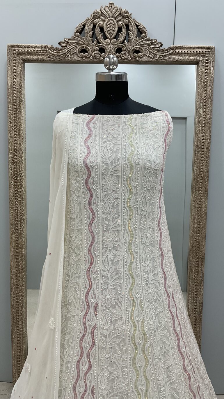Pure Georgette Anarkali Heavy Pearl, Multi Coloured Cutdana and Sequence Off-White 11