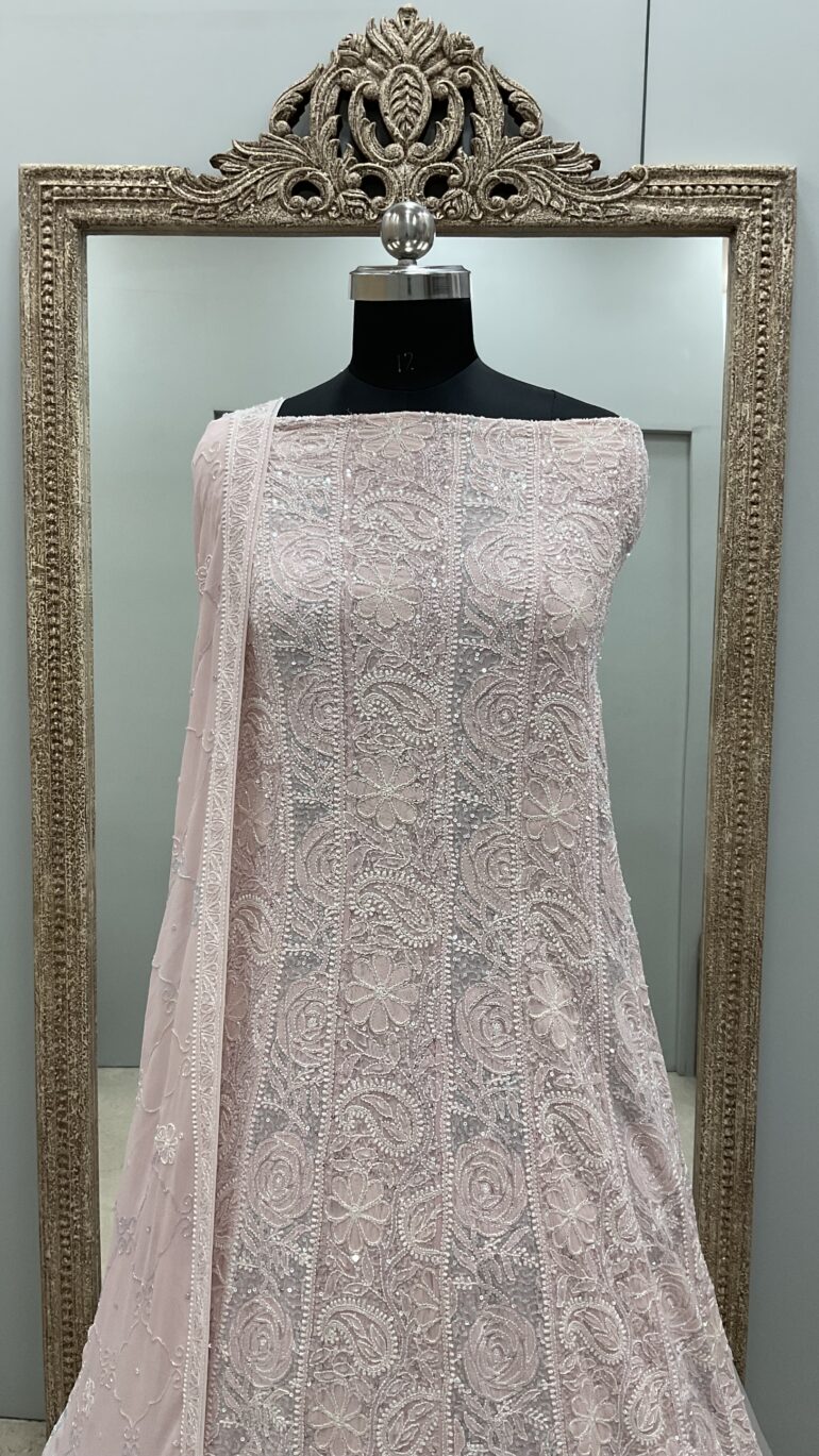 Pure Georgette Anarkali Heavy White Pearl, Multiolored Cutdana and Sequence Pink