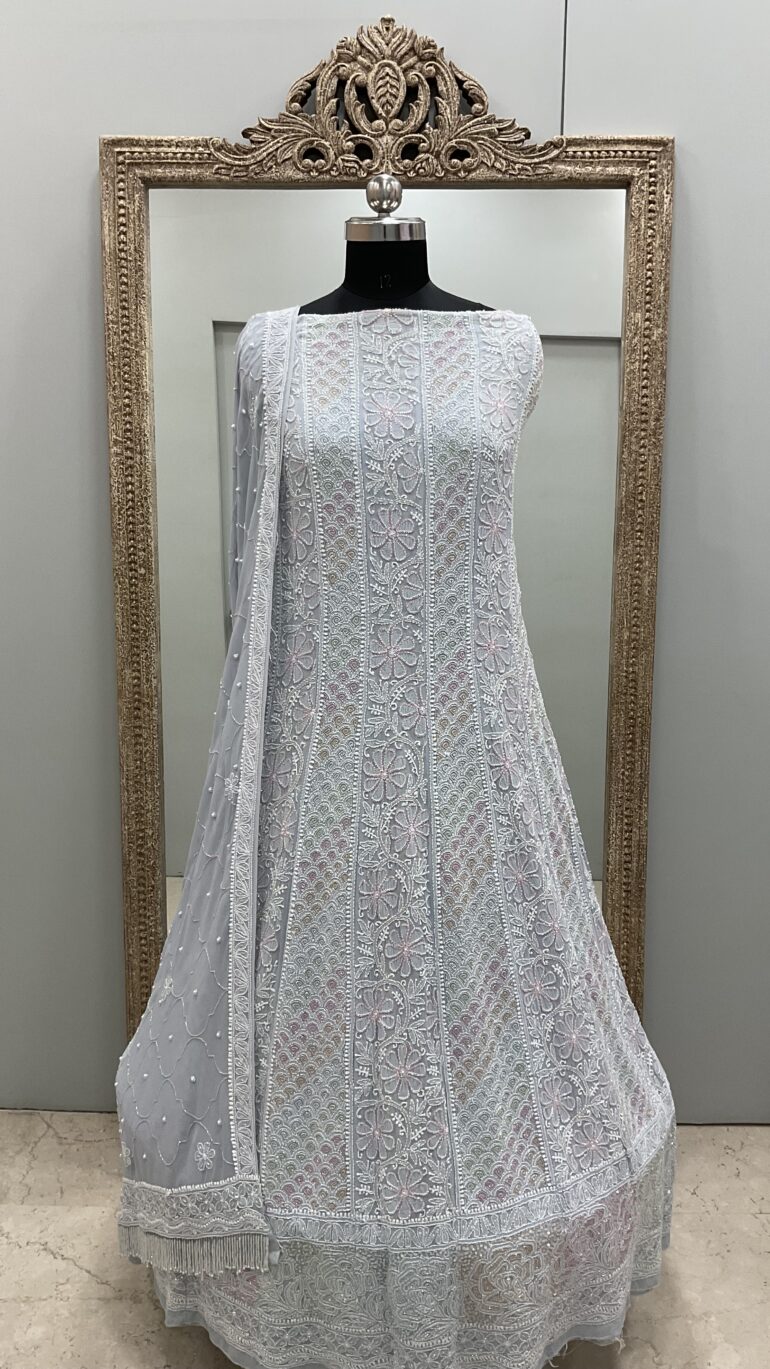 Pure Georgette Anarkali Heavy White Pearl, Multiolored Cutdana and Sequence Sky Blue (G.K)