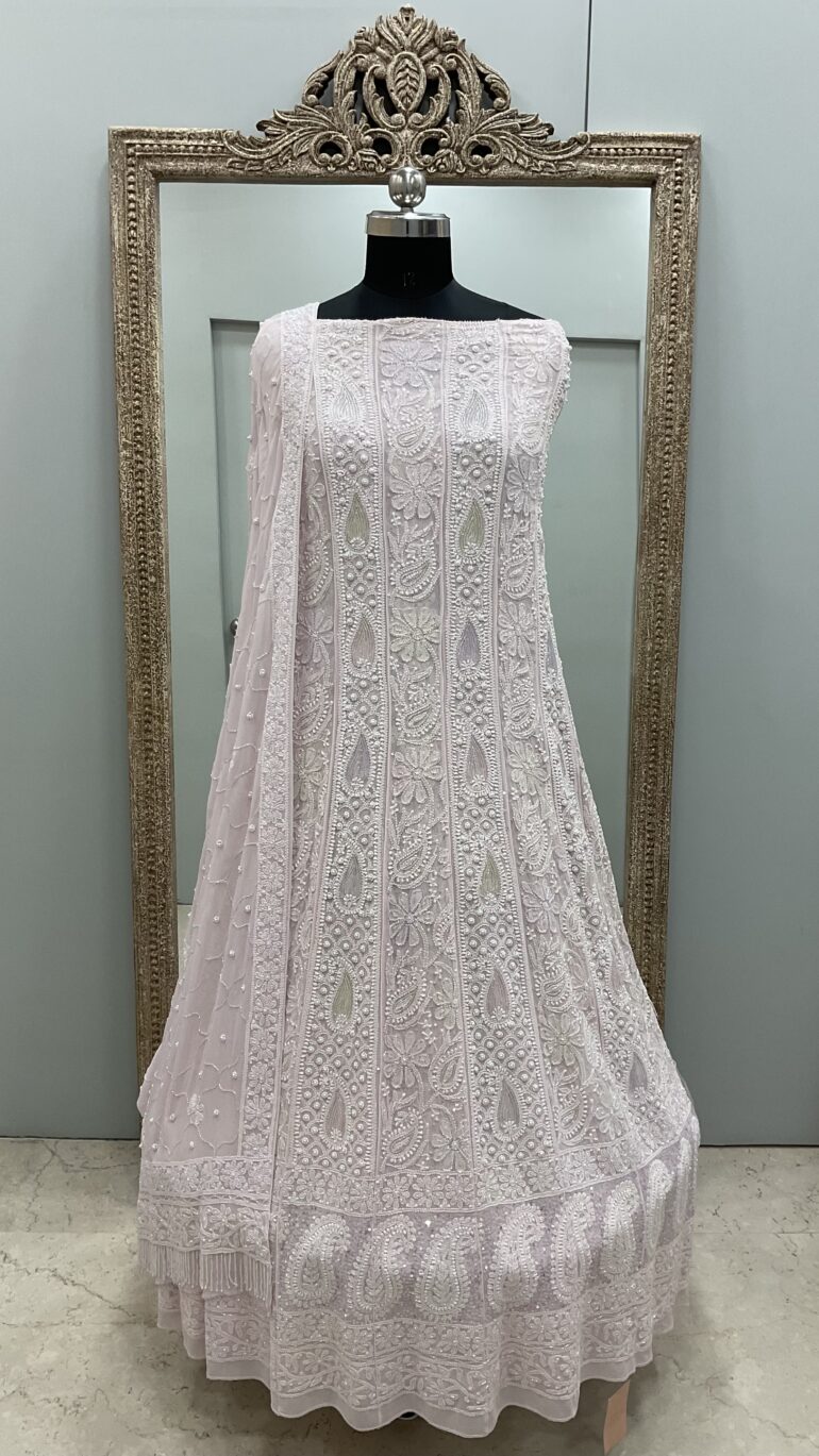 Pure Georgette Anarkali Heavy White Pearl, Multiolored Cutdana and Sequence Powder Pink (G.K)