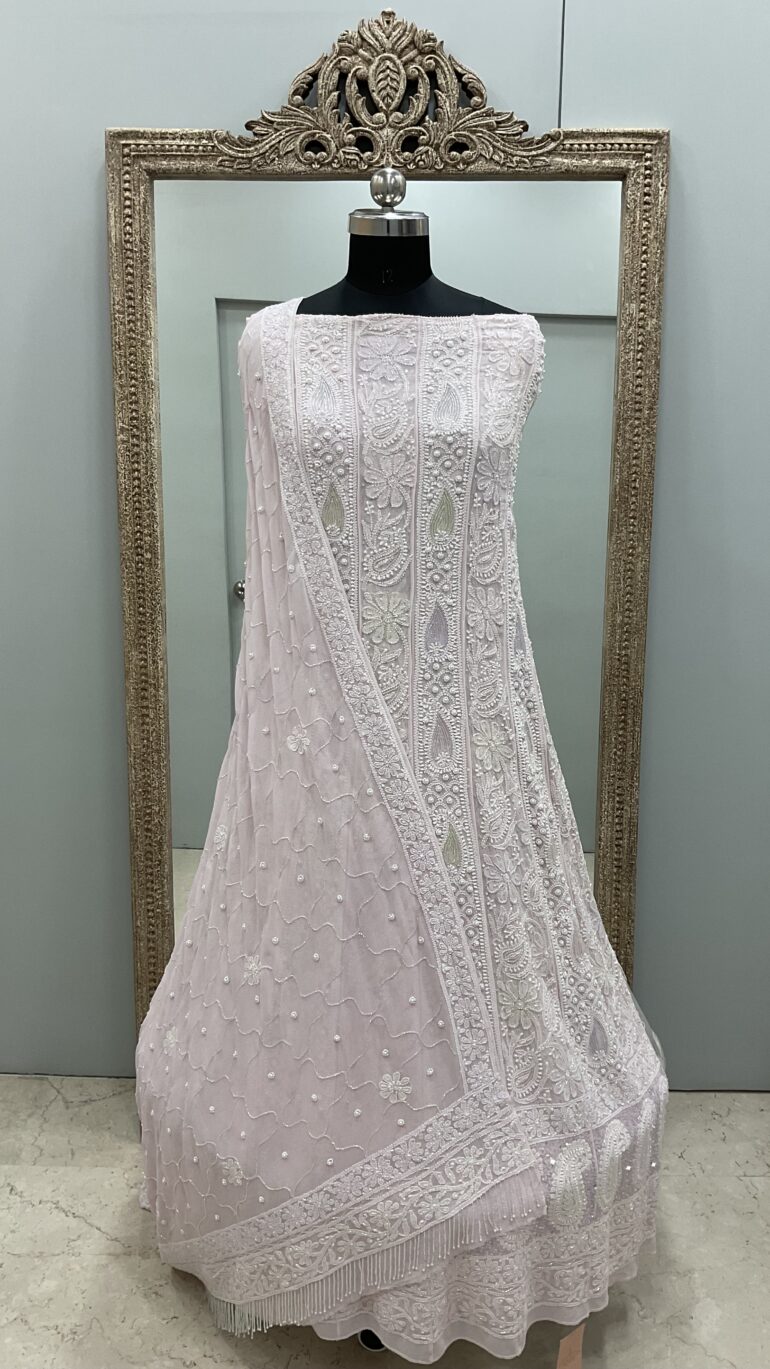 Pure Georgette Anarkali Heavy White Pearl, Multiolored Cutdana and Sequence Powder Pink (G.K)