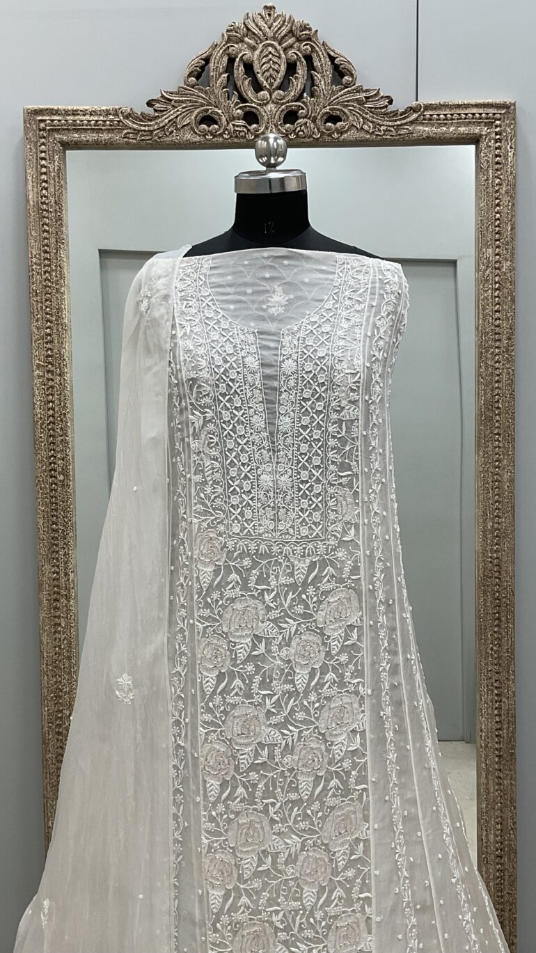 Pure Organza Anarkali Heavy Multicolored Pearl Cutdana and Sequence Off-White 02