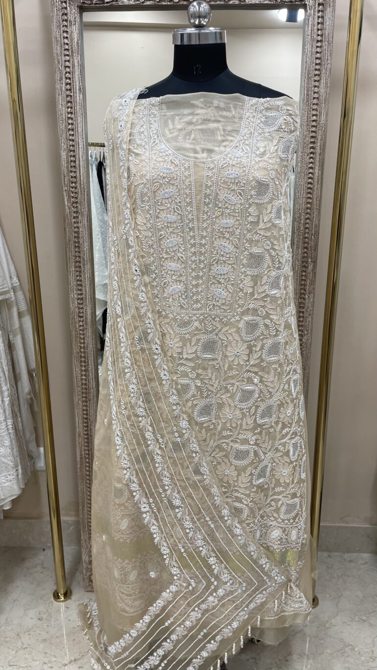 Pure Organza Straight Front and Back Same Heavy Pearl and Sequence Work Peach