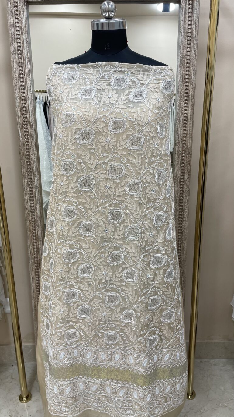 Pure Organza Straight Front and Back Same Heavy Pearl and Sequence Work Peach