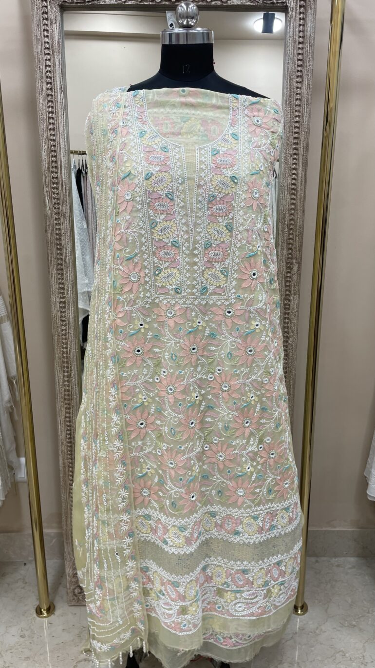 Pure Organza Straight Front and Back Same Heavy Pearl and Sequence Work Lemon Yellow