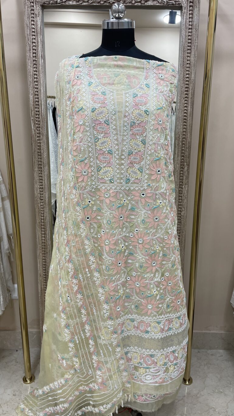 Pure Organza Straight Front and Back Same Heavy Pearl and Sequence Work Lemon Yellow