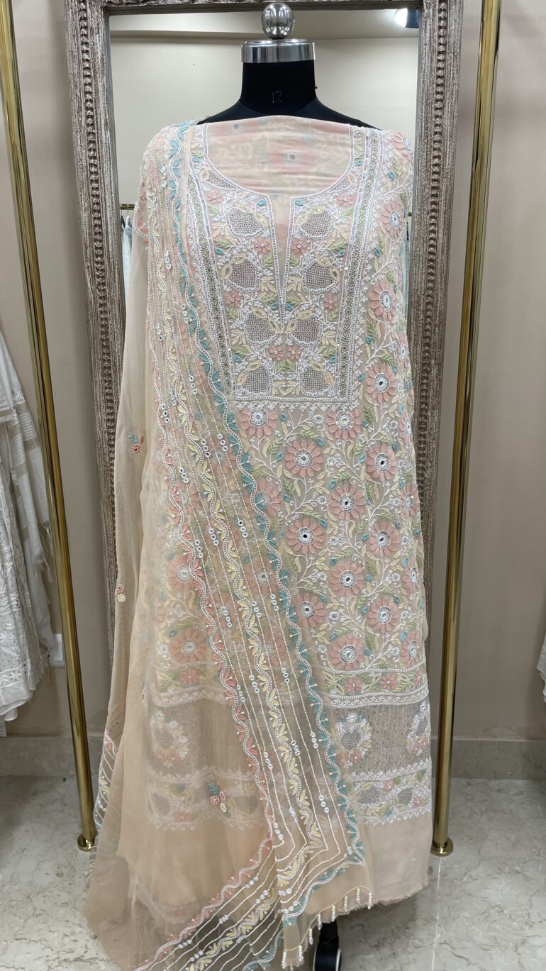 Pure Georgette Heavy Front and Back Straight Shirt With Organza Dupatta Peach