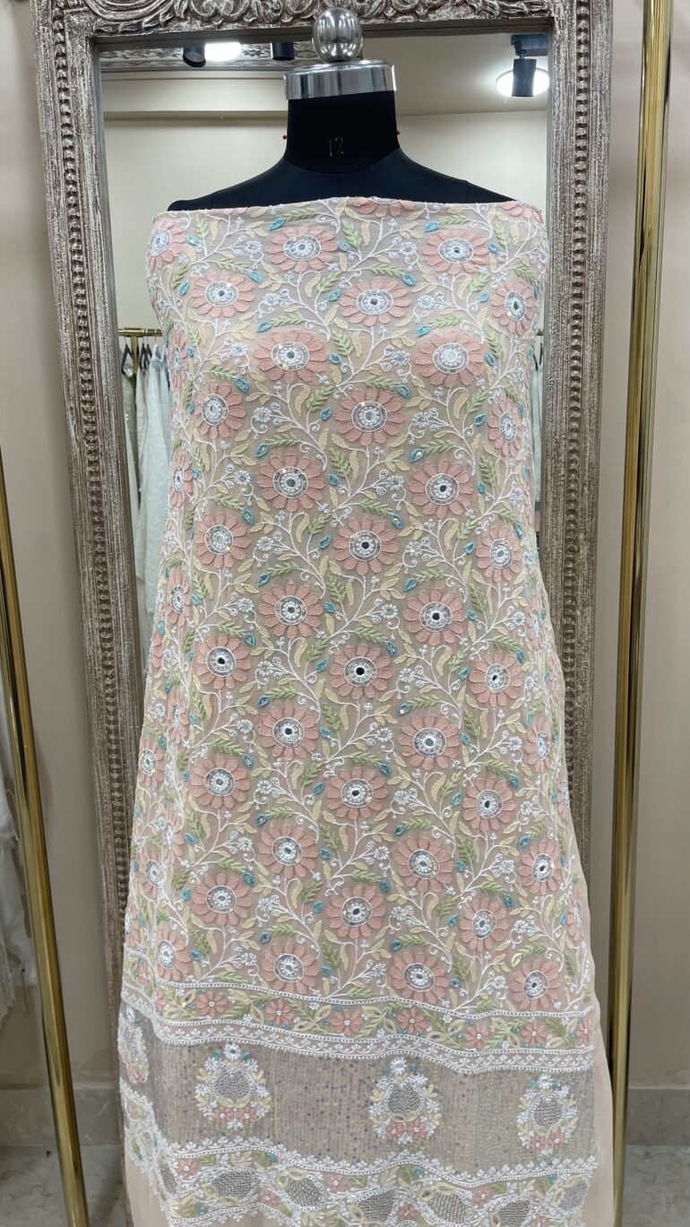 Pure Georgette Heavy Front and Back Straight Shirt With Organza Dupatta Peach