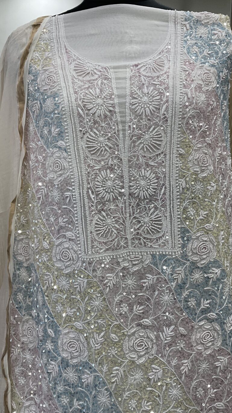 Pure Mulmul Straight Multicolored Heavy Pearl And Sequnce Work With Dupatta Off White 01
