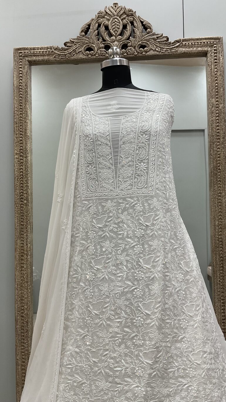 Pure Georgette Heavy Cutdana Pearl and Sequence Designer Off-White