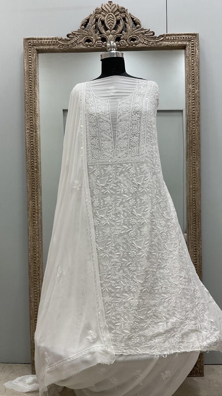 Pure Georgette Heavy Cutdana Pearl and Sequence Designer Off-White