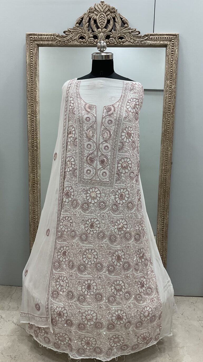 Do and Teen Taar Superfine Pure Georgette Heavy Front and Heavy Sequence Offwhite