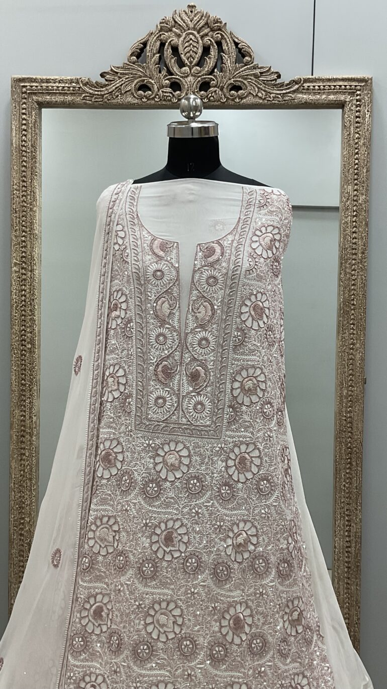 Do and Teen Taar Superfine Pure Georgette Heavy Front and Heavy Sequence Offwhite