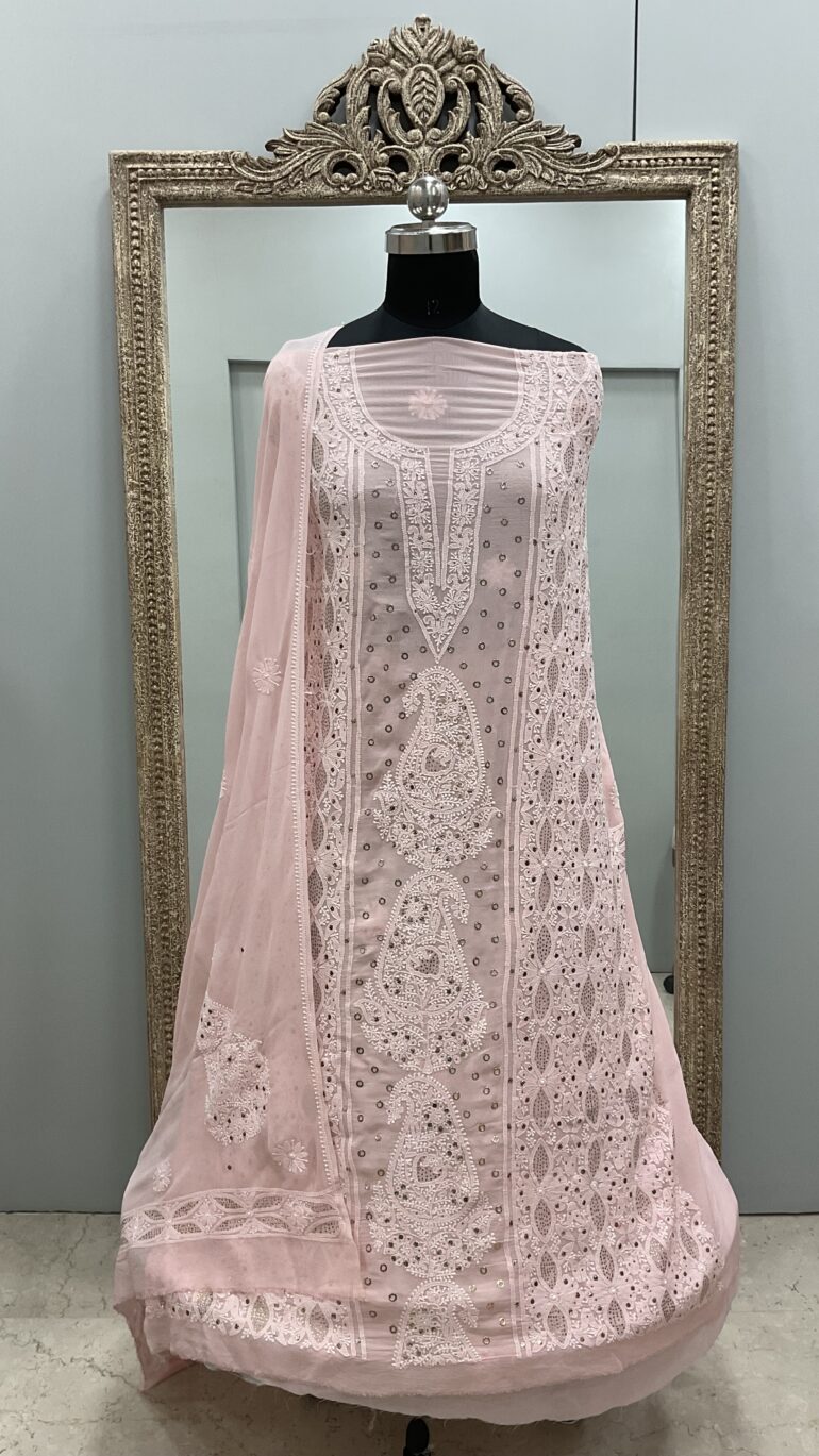 Pure Georgette Heavy Ring Mukaish Baby Pink