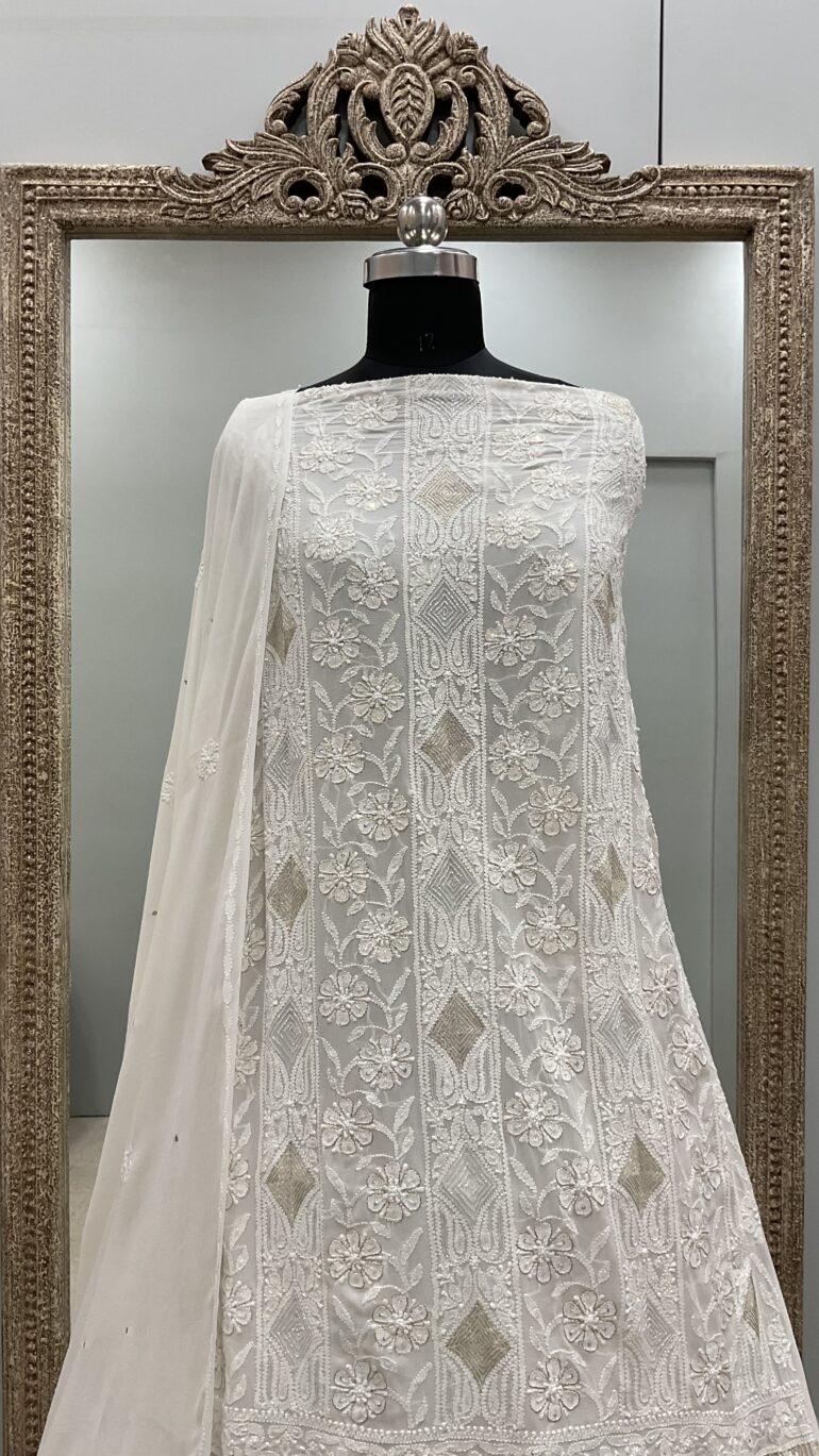 Pure Georgette Heavy Golden Zari and Pearl Off-White 02