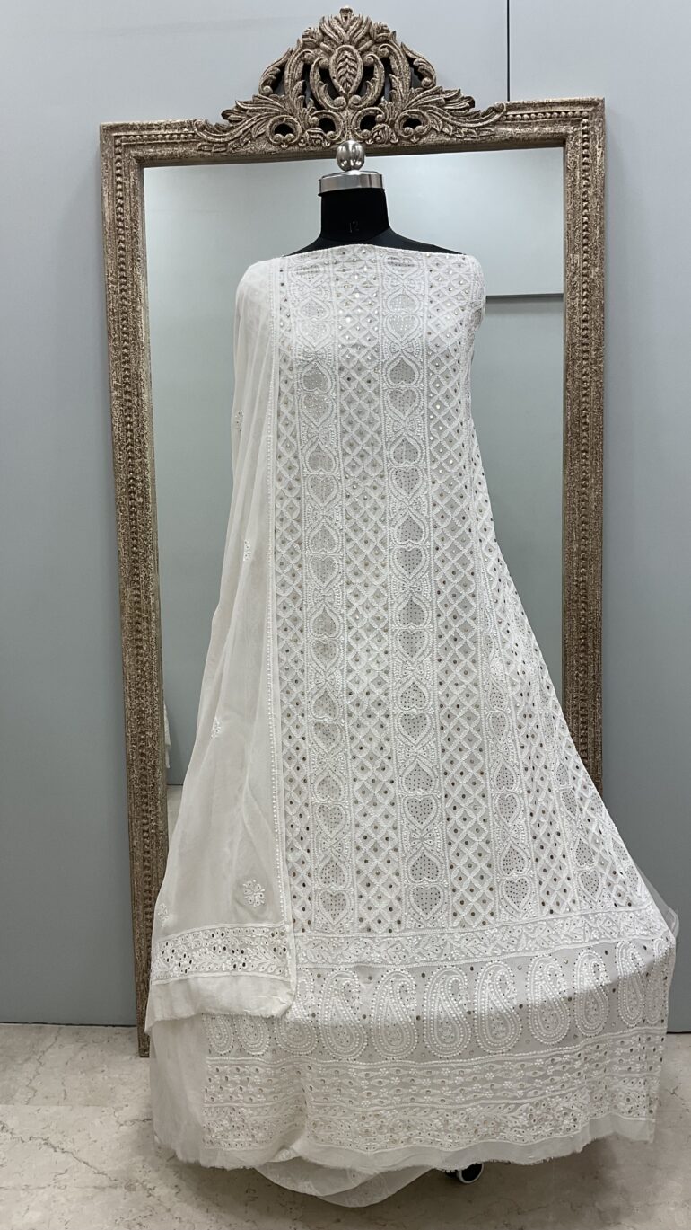 Pure Georgette Straight Heavy Mukaish Off White 01
