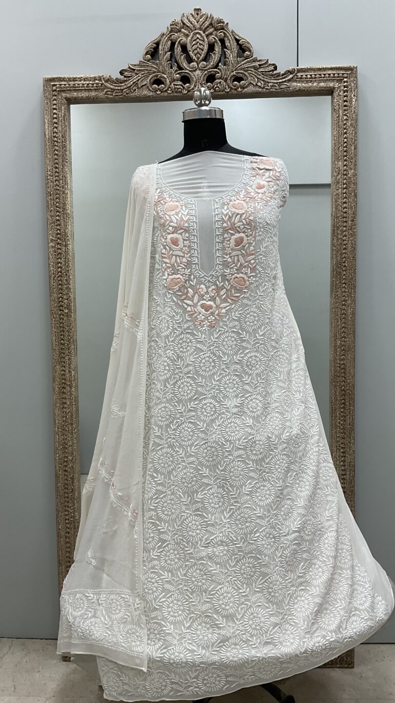 Teen Taar Superfine Pure Georgette Parsi Gala with Chikan Work Off-White