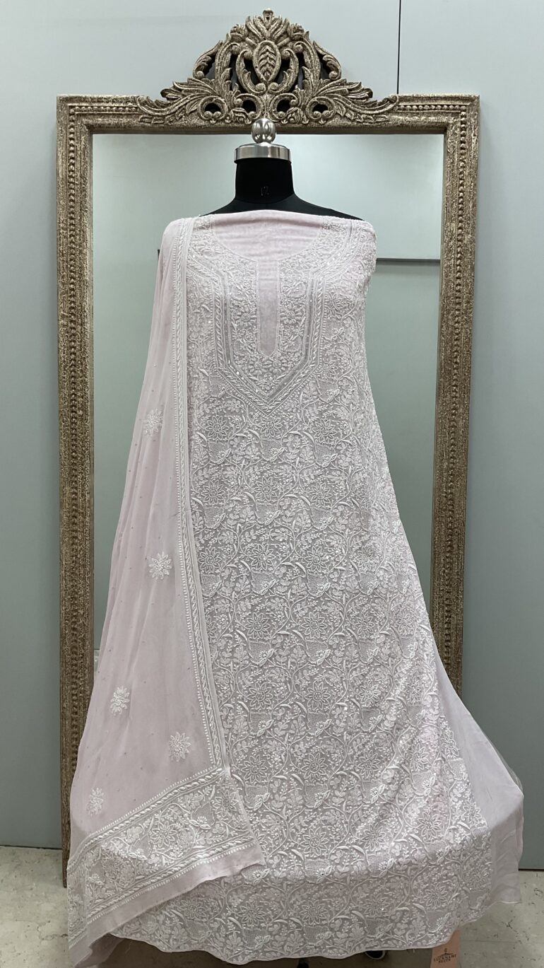 Do and Teen Taar Superfine Pure Georgette Heavy Front and Back White Sequence Powder Pink