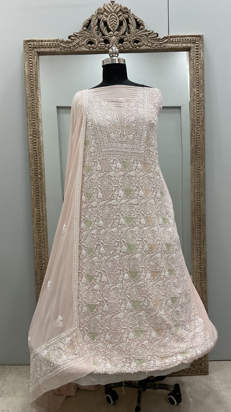 Pure Georgette Heavy Multicilored Cutdana Pearl Designer Dupatta Peach