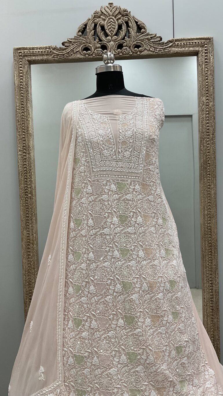 Pure Georgette Heavy Multicilored Cutdana Pearl Designer Dupatta Peach