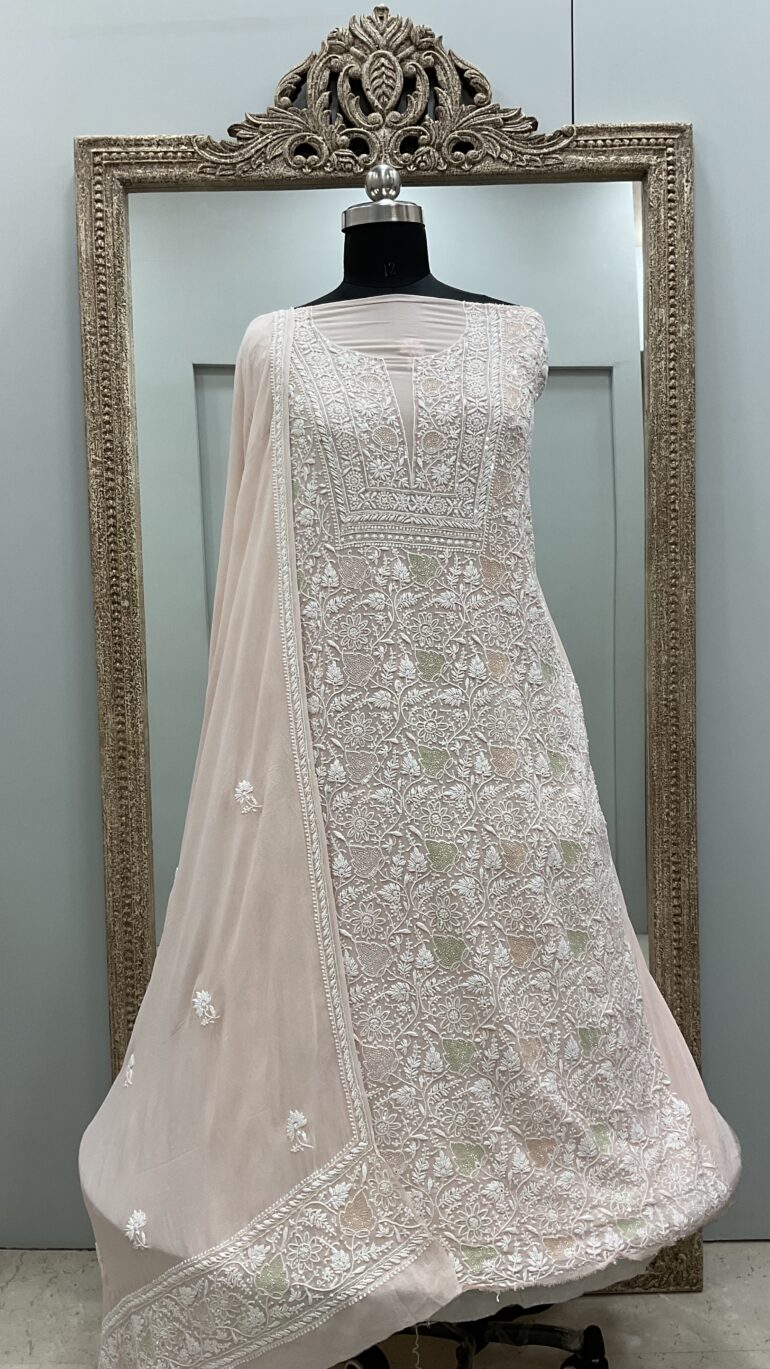 Pure Georgette Heavy Multicilored Cutdana Pearl Designer Dupatta Peach
