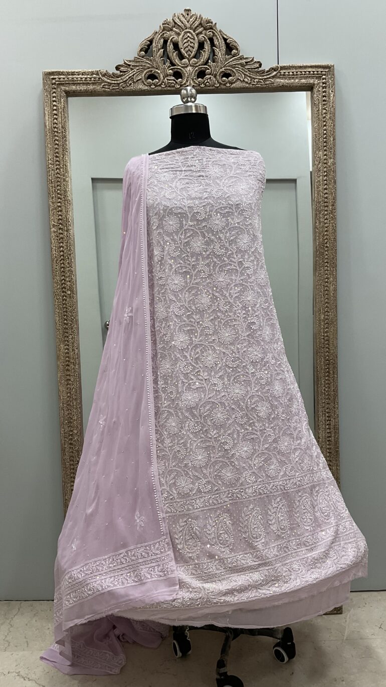 Pure Georgette Heavy Cutdana Designer Jaal Lilac