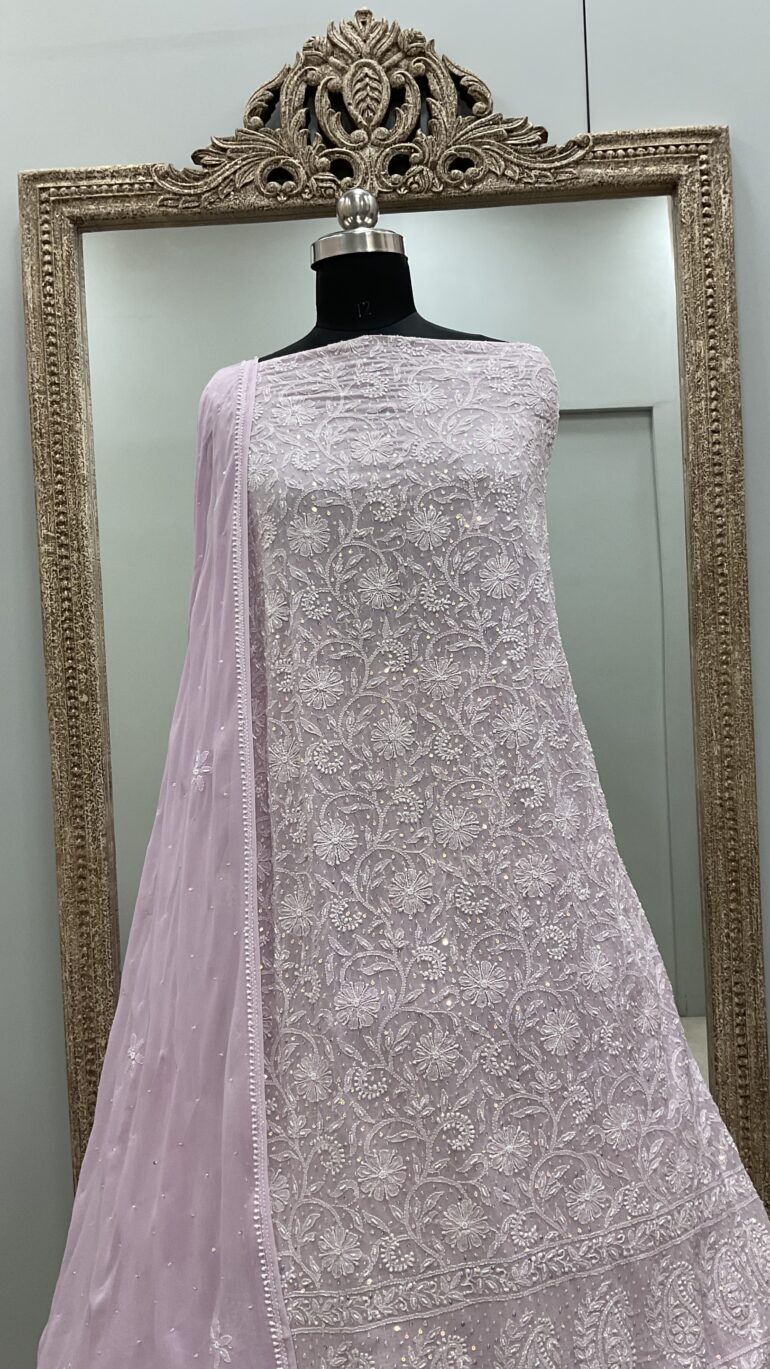 Pure Georgette Heavy Cutdana Designer Jaal Lilac